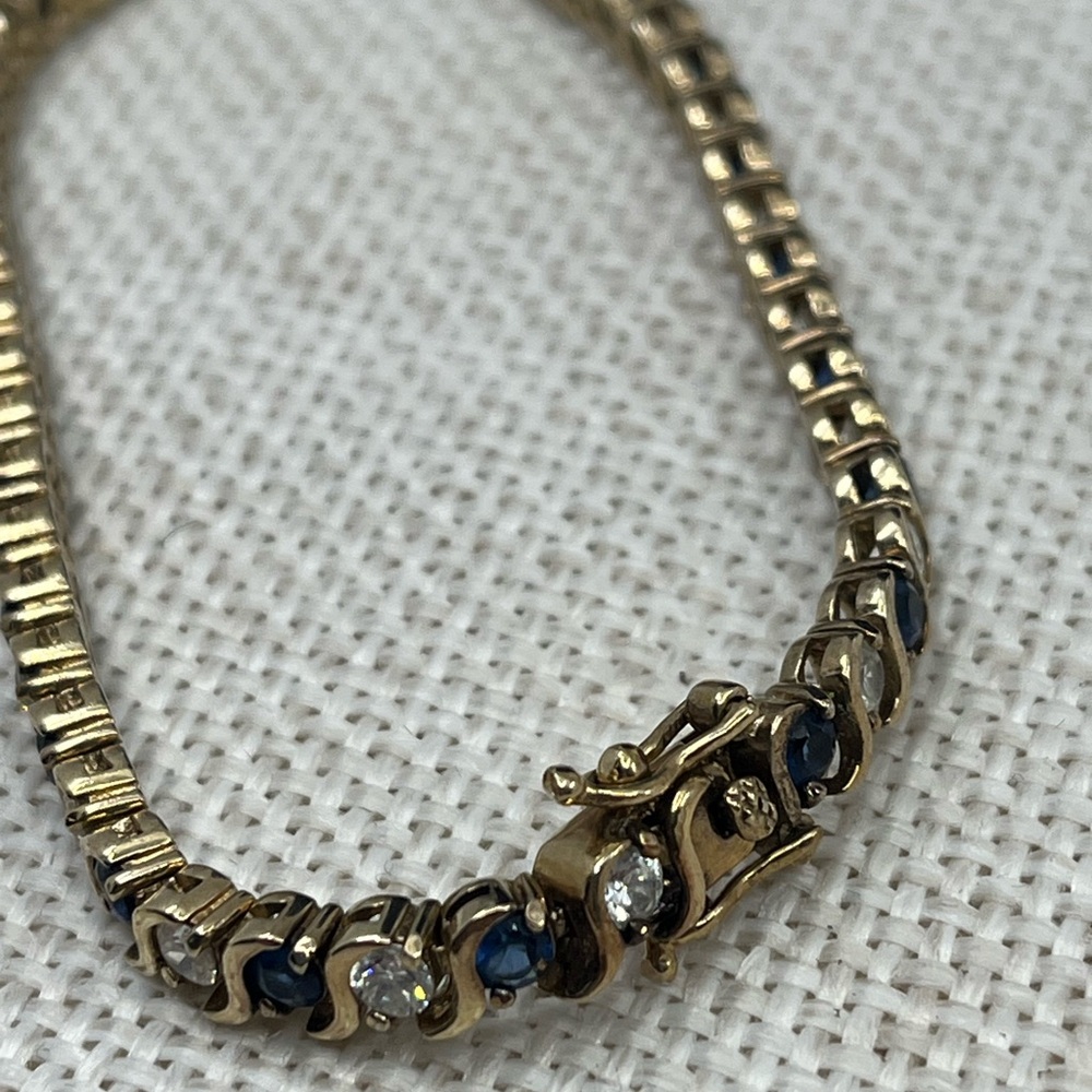Vintage Estate Gold Over Sterling Silver Tennis Bracelet Sapphire Clear CZ 7.25" - Picture 8 of 16